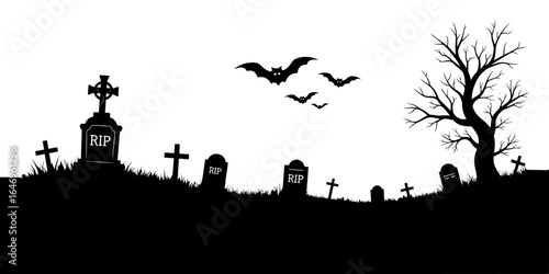 Spooky Silhouetted Graveyard Landscape on White Background