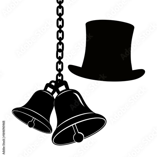 Spooky Silhouettes of Ringing Bells, Broken Chains, and Floating Hats on White Background