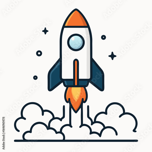 A cartoon rocket ship blasting off into space with vibrant colors and dynamic motion on a white background.