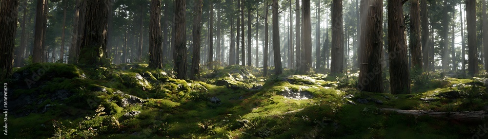 Obraz premium Lush forest floor bathed in sunlight.