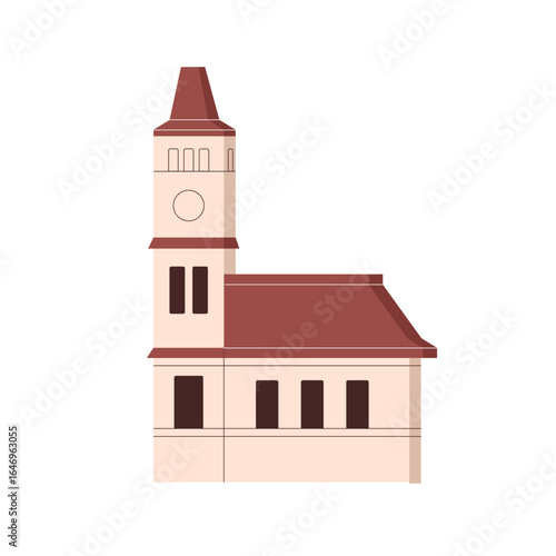 Town hall building with tower in historic architecture style. European city landmark with old facade, urban administration construction exterior. Flat vector illustration isolated on white background