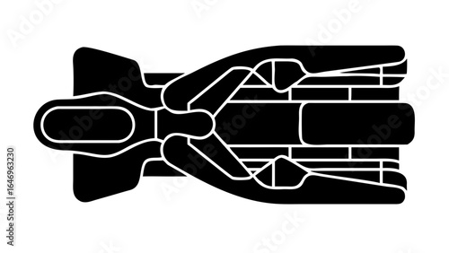 A black and white abstract illustration of a complex mechanical device with multiple components shown