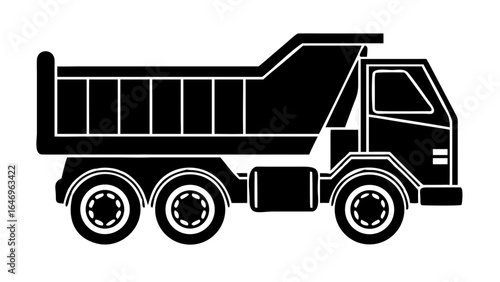 Illustration of a black dump truck with three axles and a large rectangular bed for hauling materials