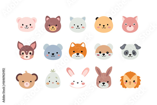 Cute animal faces vector illustration featuring bear fox rabbit and other animals for children design art