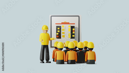 A construction worker presenting a building plan to a group wearing safety helmets in a meeting room
