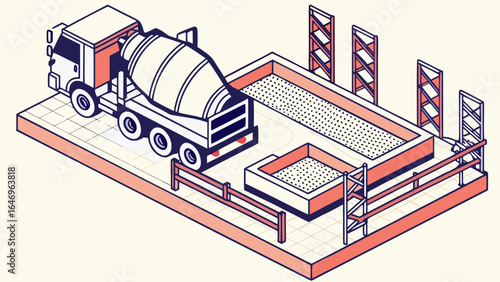 Isometric illustration of a concrete mixer truck at a construction site with barriers and scaffolding