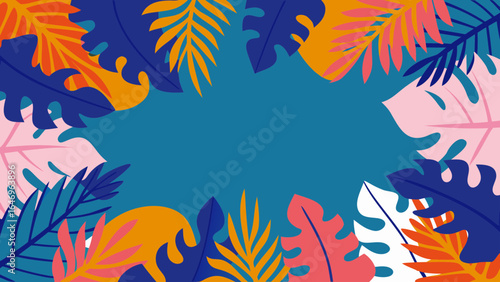 Tropical leaves frame with vibrant colors and a blue background creating a summer atmosphere scene