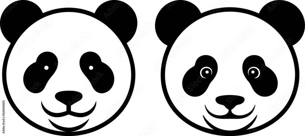 Obraz premium Two adorable panda bear faces, one with simple black eyes and the other with detailed pupils, create a charming graphic.