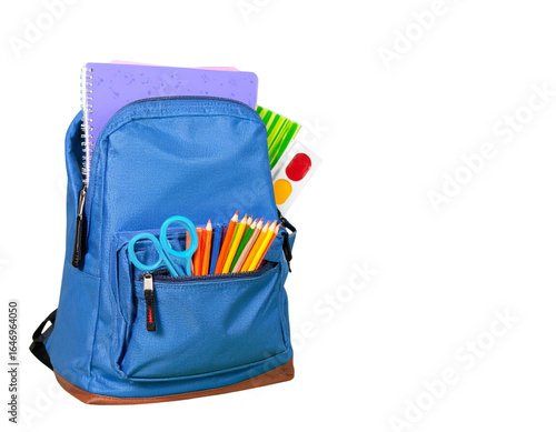 Classic School Backpack with Colorful School Supplies and Books, Front View, Transparent Background