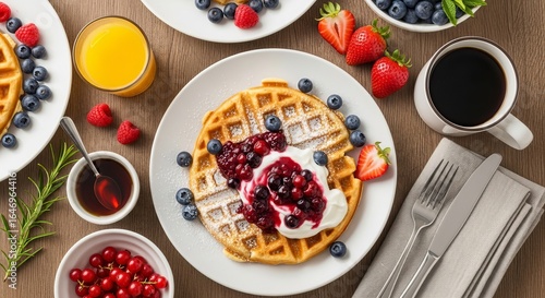A top view of waffles with berries, syrup, orange juice, and coffee on a wooden table setting ready