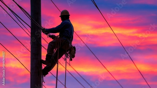 A lineman is suspended on a pole, performing maintenance on power lines as the sun sets, casting vivid colors across the sky. The worker is silhouetted against a backdrop of orange and purple hues