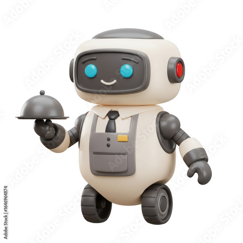 3D Render Of A Cute Robot Waiter Holding A Tray On Transparent Background