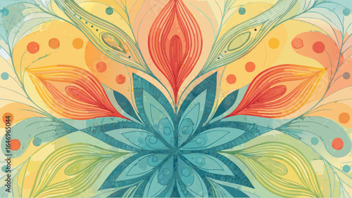 Watercolor floral mandala with symmetrical leaf patterns and vibrant color gradients design art