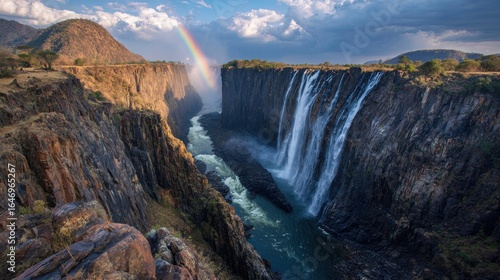Victoria Falls pours dramatically into the Zambezi River, with mist rising and a rainbow arching over the landscape at twilight. The breathtaking natural beauty captivates every observer