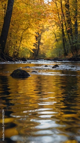 Serene autumn stream reflecting golden foliage, calm water flows over smooth stones.