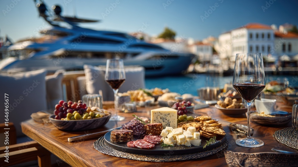 Naklejka premium A beautifully arranged spread of cheeses, meats, and snacks is displayed on a table beside a luxury yacht. Guests enjoy fine wine while overlooking a charming harbor in clear weather