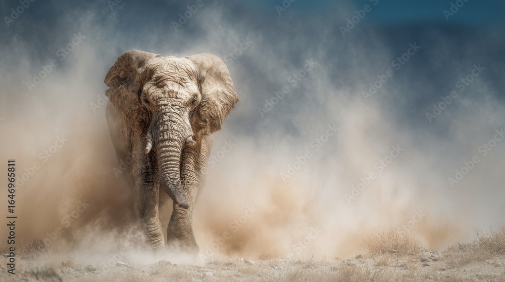 Fototapeta premium An elephant strides confidently across a dusty terrain, raising clouds of dirt as it walks. The midday sun illuminates the scene, highlighting the animal's massive form against the dry landscape