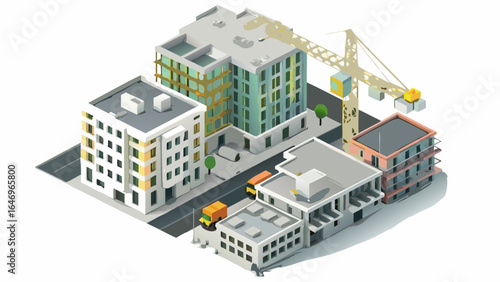 Isometric view of a city scene with buildings construction crane and vehicles in a low poly style