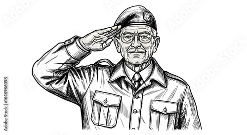 Elderly veteran saluting in uniform sketch drawing