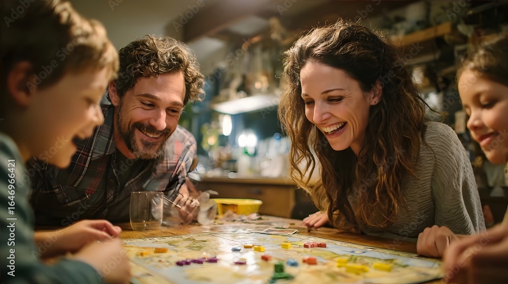 Fototapeta premium Happy family playing board game in a cozy living room at night.