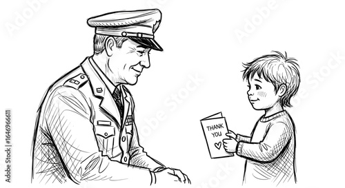 Child giving thank you card to soldier in sketch drawing