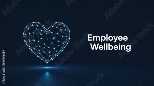 Employee Wellbeing Focus: The image embodies a visual representation of employee wellbeing, featuring a geometric heart formed by interconnected points, set against a dark.