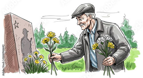 Elderly man placing flowers at war memorial in color illustration