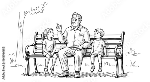 Veteran talking to children on park bench in sketch drawing