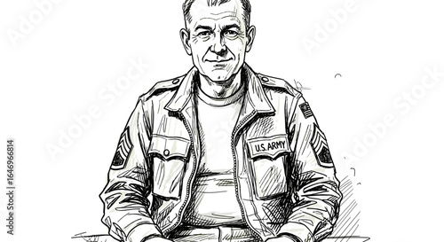 Veteran sitting in uniform facing forward sketch drawing