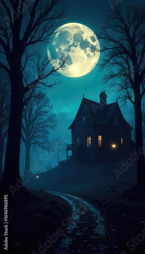 Spooky Halloween Midnight Scene Silhouetted Trees, Full Moon, Haunted House, Fog
