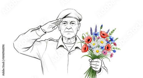 Elderly soldier saluting with colorful bouquet in sketch drawing