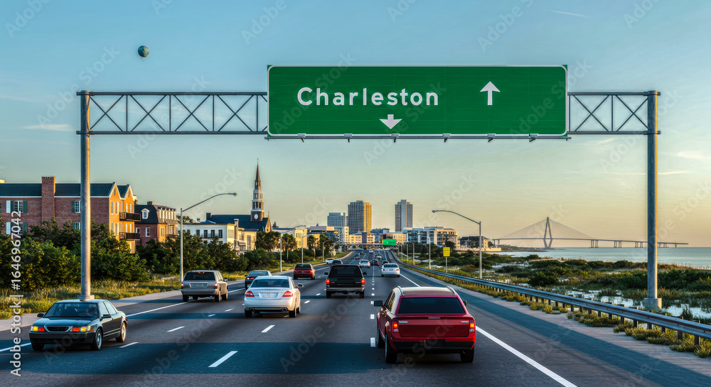 Fototapeta premium Charleston Highway with Guide Sign, Destination Sign, Overhead Signage, Church Steeple, Urban Skyline, Clear Sky, Multi-Lane Traffic, Daytime 