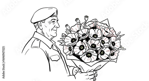 Smiling soldier holding bouquet of poppies in sketch drawing