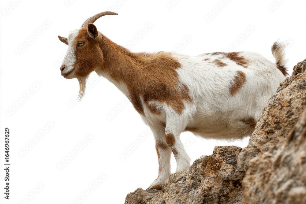 Fototapeta premium Brown and White Goat Standing on Rocky Outcrop Against White Sky