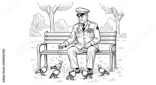 Elderly soldier feeding pigeons on park bench sketch
