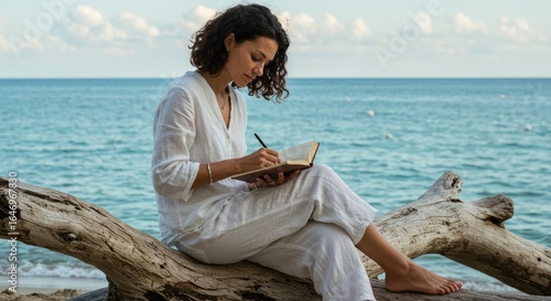 Woman writing on a beach