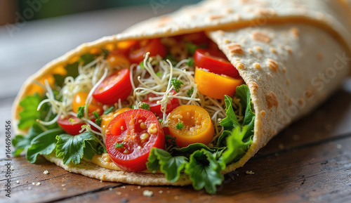 Delicious and Healthy Vegetable Wrap on Wooden Table