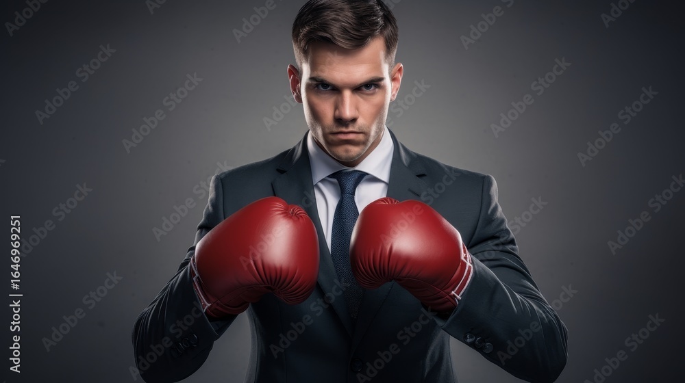 Businessman in suit wearing boxing gloves isolated on grey background, minimal concept of success competition and determination Businessman in suit wearing boxing gloves isolated on grey background, minimal concept of success competition and determination