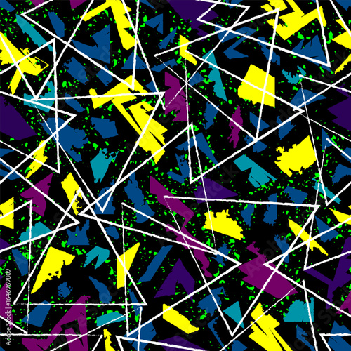 Seamless urban graffiti pattern featuring neon colors, bold geometric lines, paint splashes, and grunge textures on black, perfect for streetwear and sportswear design.