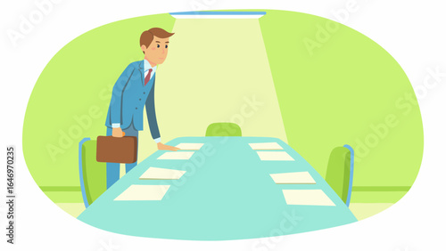 Man in suit with briefcase standing at a conference table with papers in a light green room meeting