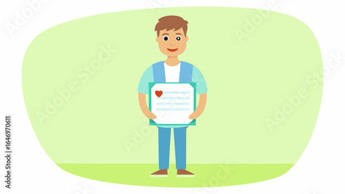Illustration of a smiling man in scrubs holding a document with a heart on a light green background