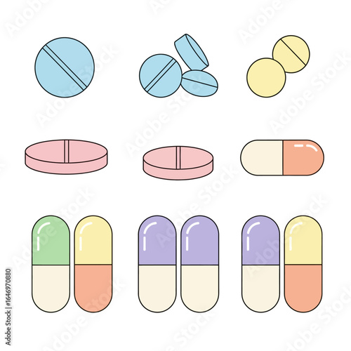 Set of Colorful Medical Pills and Capsules