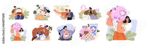 Insurance and assurance policies concept set. Protection of health, life, car, medicine and real estate. People save from natural disasters and emergencies. Flat isolated vector illustrations in white