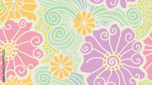 Wallpaper Mural Pastel floral pattern with pink, purple, and yellow flowers and swirling green accents in a retro style Torontodigital.ca
