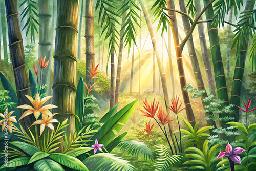 Tropical rainforest with ferns, orchids, and towering bamboo under filtered sunlight