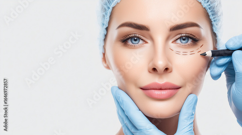 Woman preparing for cosmetic eye surgery, close-up of face with surgical markings under eyes, plastic surgeon consultation concept