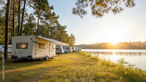 A serene lakeside scene featuring several campers parked among tall trees, illuminated by a warm sunset.