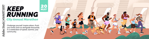 Design of sports event banner for marathon. Advertising template with athletes, people with disabilities are jogging. Promotion layout with diverse running joggers, runners. Flat vector illustration.