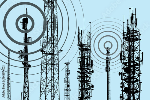 Silhouettes of telecommunication and radio towers emitting waves on blue background, concept of telecommunication and broadcasting. Vector illustration