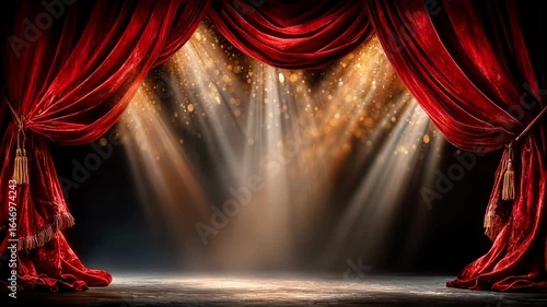 Video of stage lights turning on behind red curtains, creating a dramatic theater spotlight effect